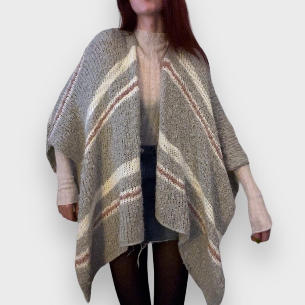Grey Striped Winter Shawl/Cardigan - One Size Fits All